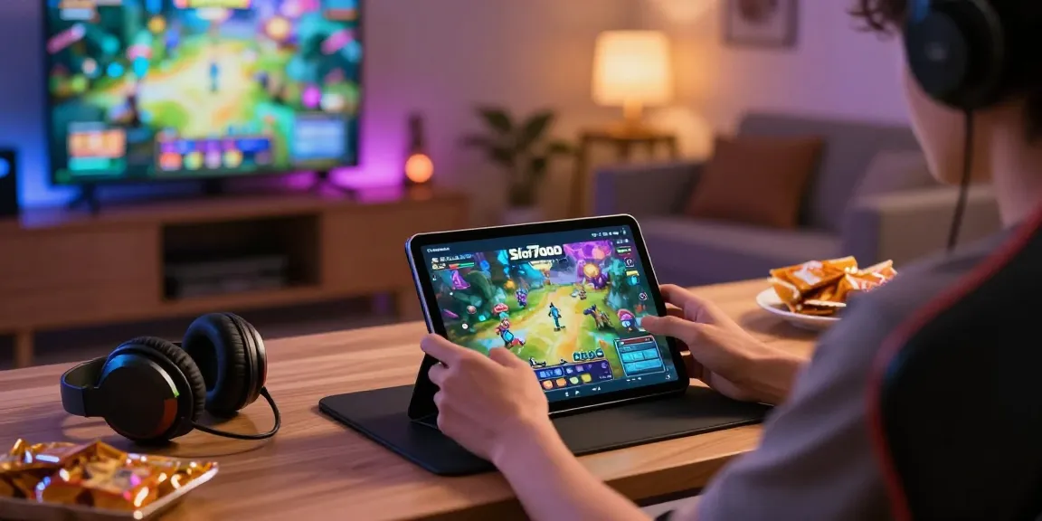 Slot7000 gaming experience with a user engaging on a tablet in a vibrant, cozy setup.