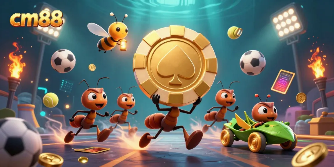 Engage in exciting gameplay at cm88's casino while golden poker chips and sports elements create a thrilling scene.
