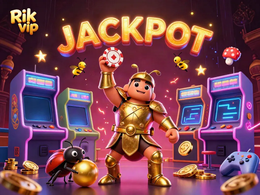 Experience the excitement of Rik vip as a heroic beetle lifts a poker chip in this vibrant casino scene.