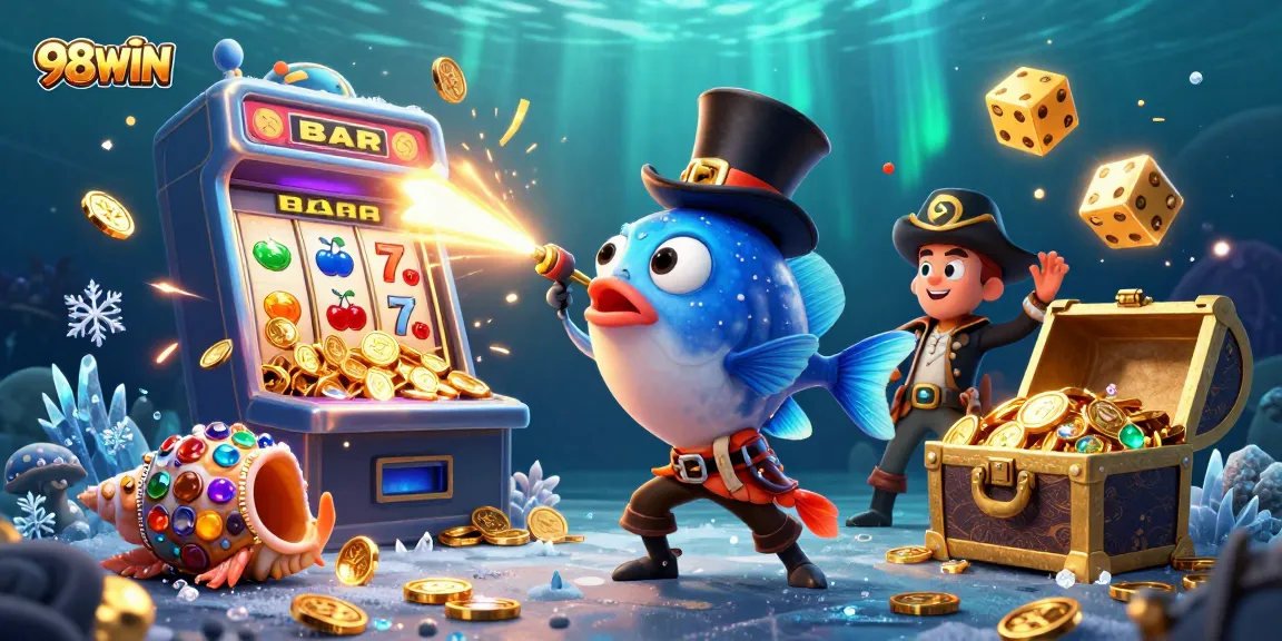 Experience winning excitement with 98WIN featuring dynamic casino elements and colorful characters.