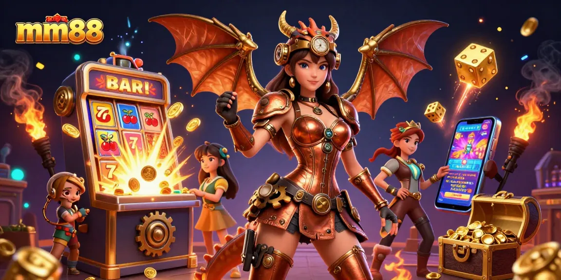 Spin the reels with mm88: vibrant 3D illustration showcasing a thrilling casino experience with jackpots and game action.
