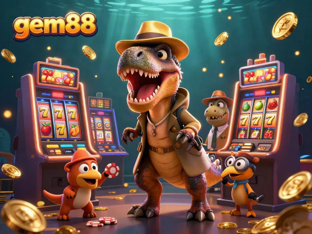 Watch a velociraptor in a trench coat discreetly trying his luck at the gem88 jackpot slot machine in a vibrant casino scene.