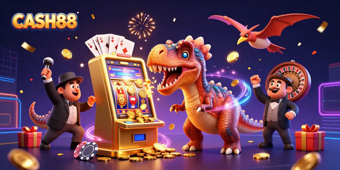 CASH88 thrills with a pachycephalosaurus winning jackpots and a pteranodon catching coins in a colorful casino