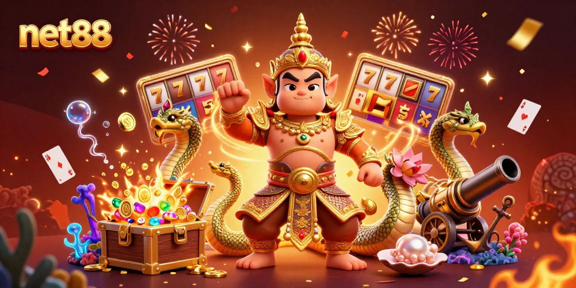 Experience exciting net88 gaming with a vibrant 3D illustration of luck and treasures in a dynamic casino setting.