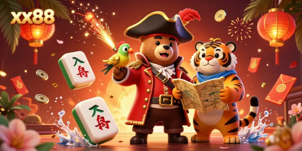 Experience the vibrant gaming world of xx88 with dynamic characters and festive elements in a rich casino scene.