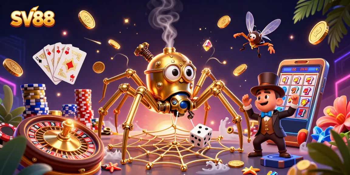 SV88 captures thrilling casino action with a steampunk spider amidst golden coins and roulette excitement.