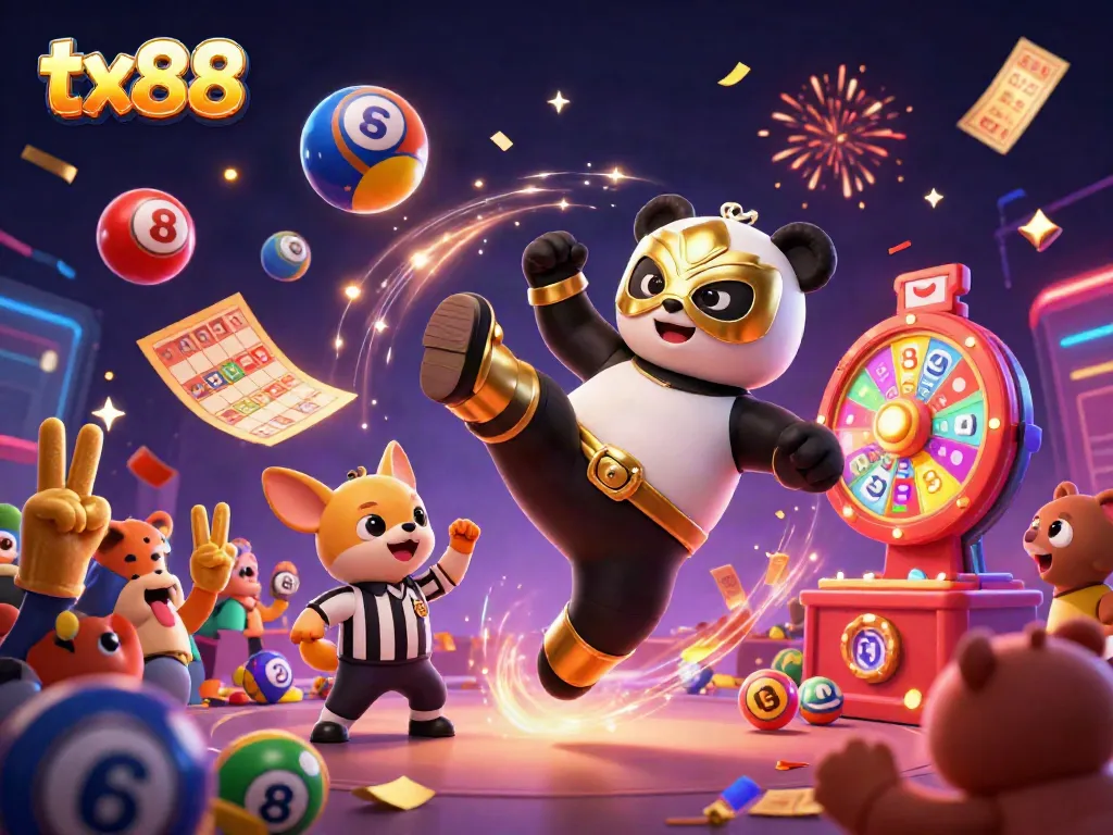 Experience the excitement of tx88 with a lively 3D scene featuring a panda wrestler and a chihuahua referee amidst dynamic casino elements.