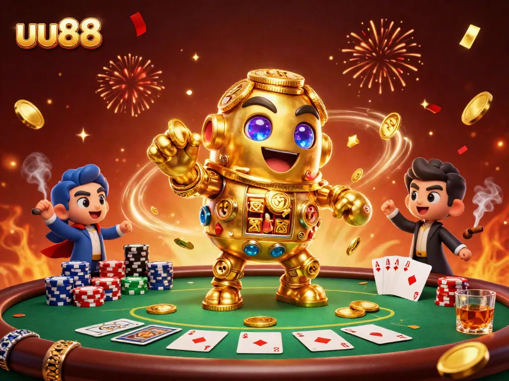 Experience thrilling casino action with uu88's golden golem, poker chips, and festive confetti.