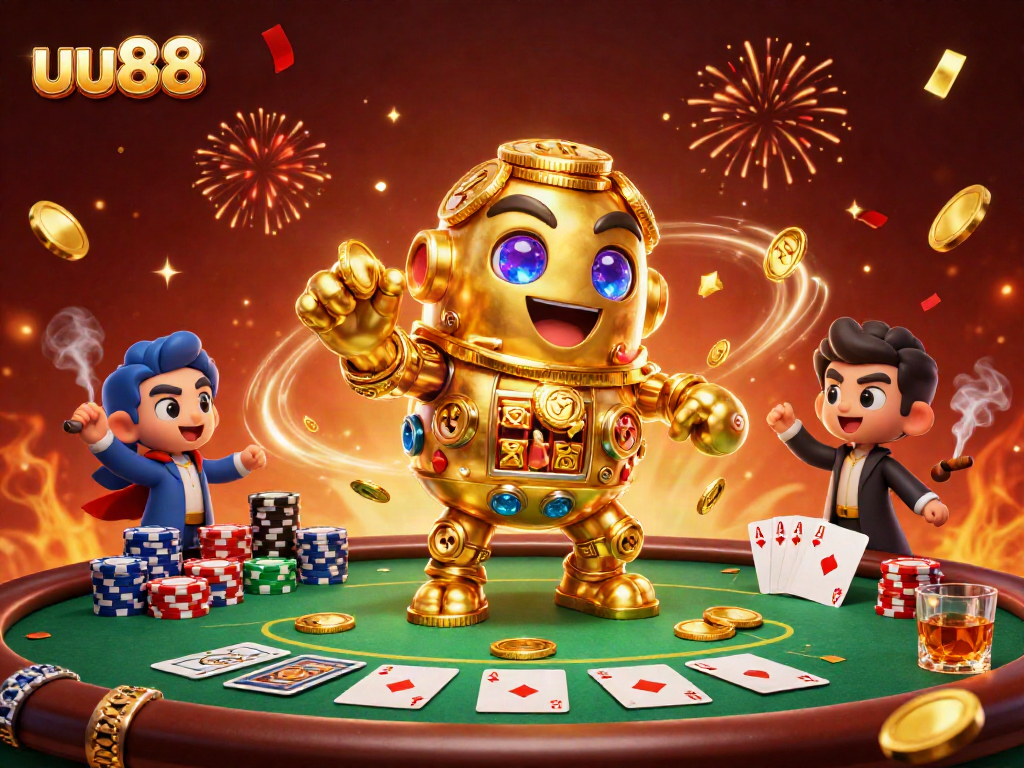 Experience thrilling casino action with uu88's golden golem, poker chips, and festive confetti.