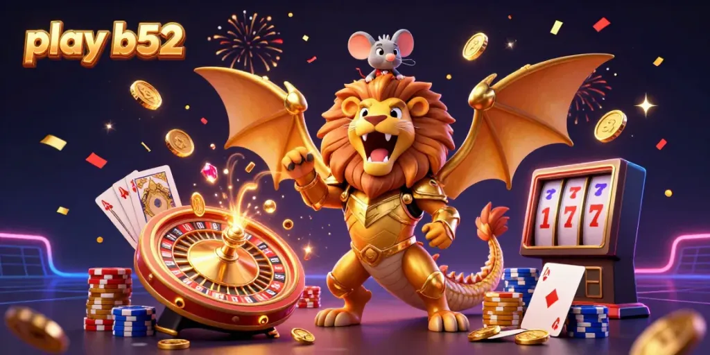 Experience play b52 with golden coins, vibrant chips, and a roaring chimera in action.