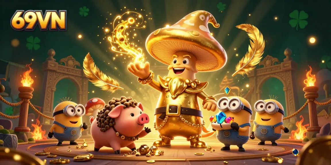 Experience thrilling slots and jackpots at 69VN with vibrant visuals, golden treasures, and magical elements.