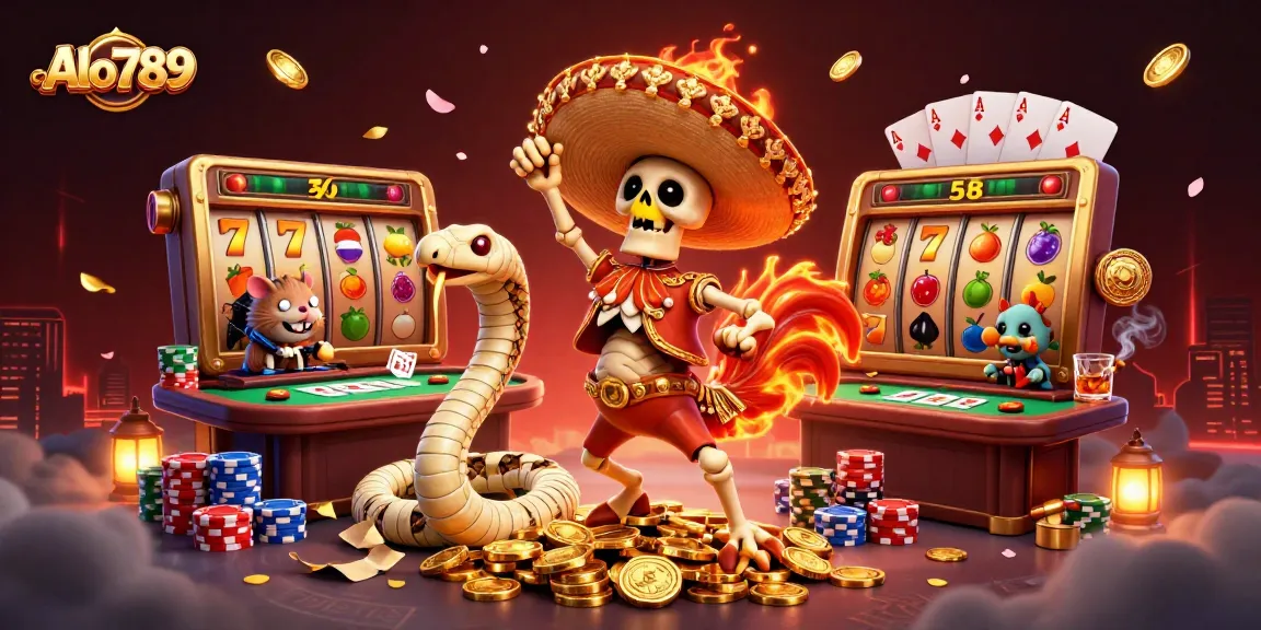 Alo789 showcases a lively casino scene with a victorious rooster, mummy snake, and DJ hamster surrounded by gold coins and slot game elements.