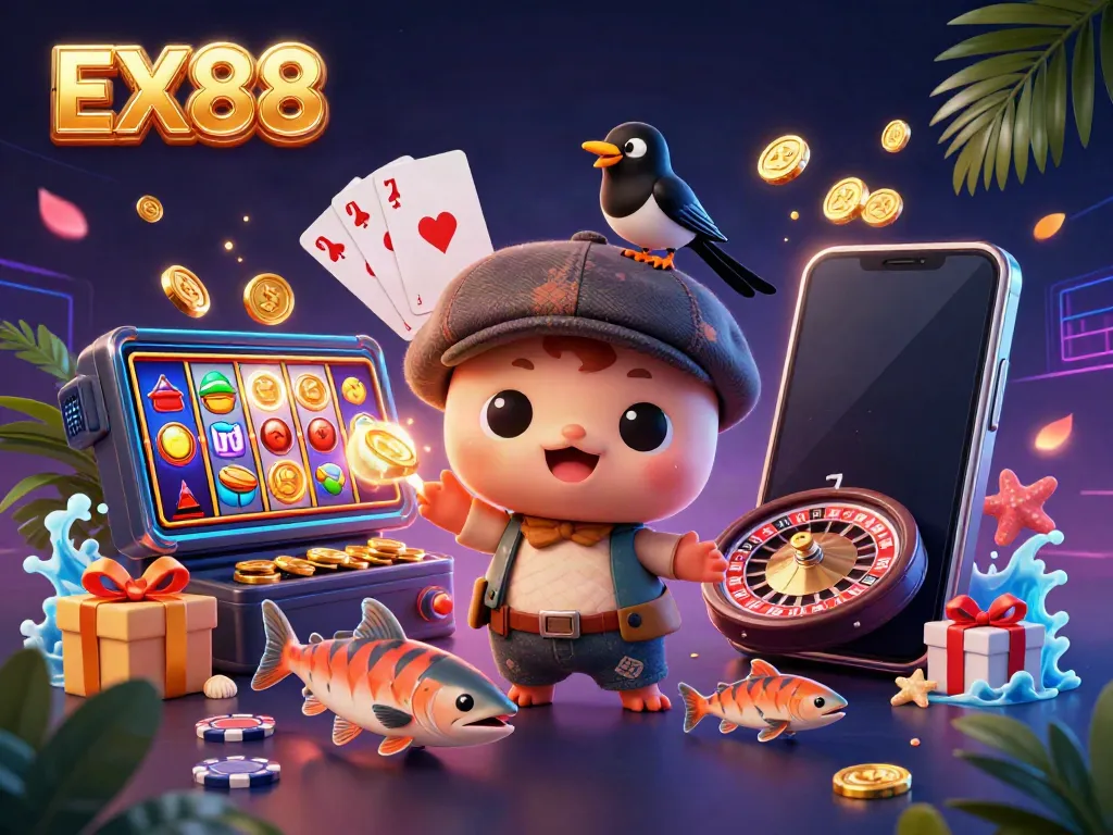 Experience the excitement of EX88 casino slots with a playful baby Nessie, magpie, and salmon.