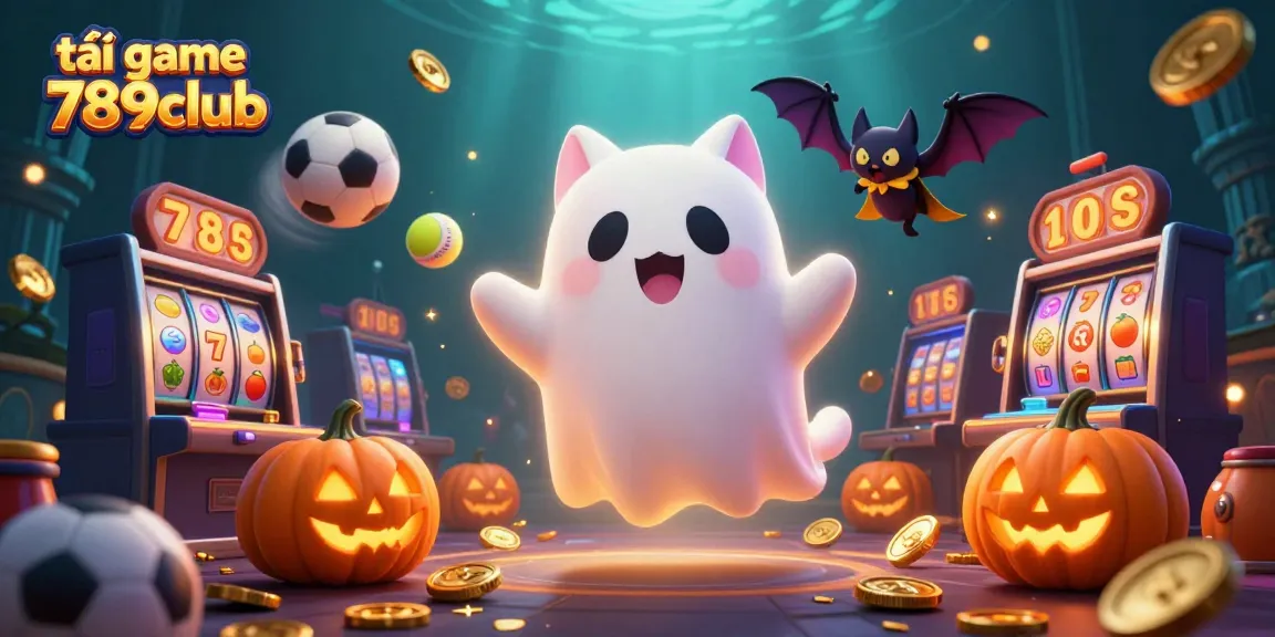 Experience thrilling gameplay and marvelous visuals with tải game 789club, featuring a lively ghost cat in a haunted casino setting.