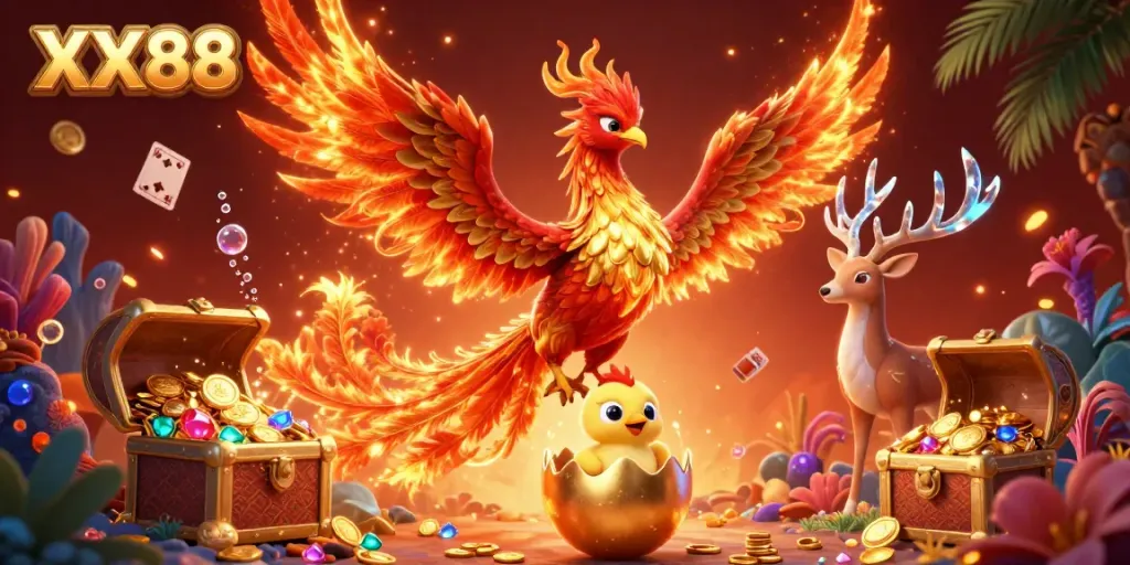 Win big with XX88's vibrant casino-themed 3D illustration showcasing a phoenix and treasures.