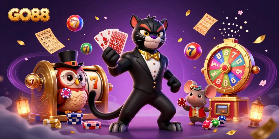 Experience GO88's vibrant atmosphere with the panther dealer and fellow characters in a thrilling casino scene.
