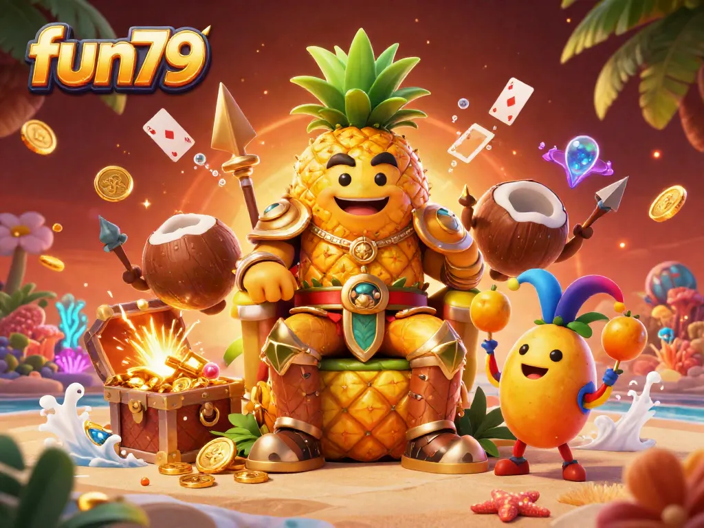 Experience the thrilling fun79 games with vibrant visuals of a golden pineapple king and lively gaming elements.