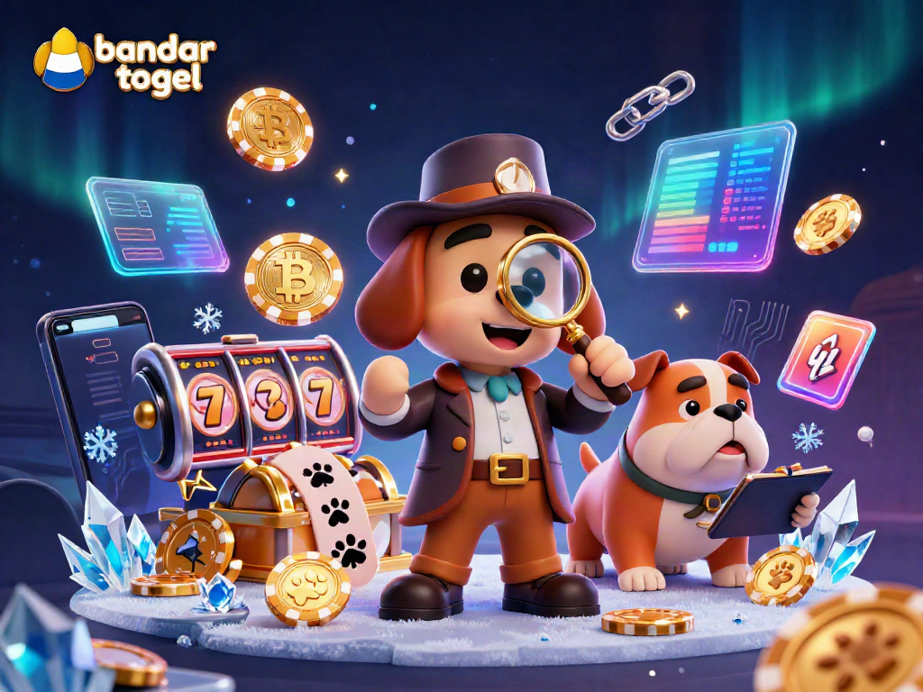 Immerse in the excitement with bandar togel as a detective bloodhound investigates winning poker chip clues in a vibrant casino atmosphere.