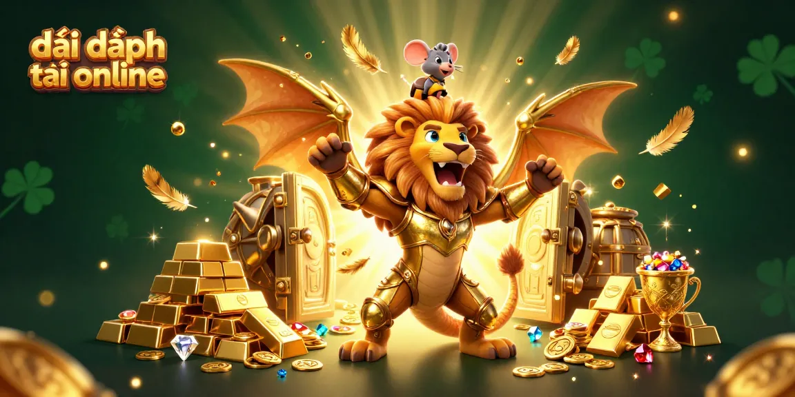 Experience the thrill of đại phát tài online with a 3D chimera creature in golden armor surrounded by treasures.