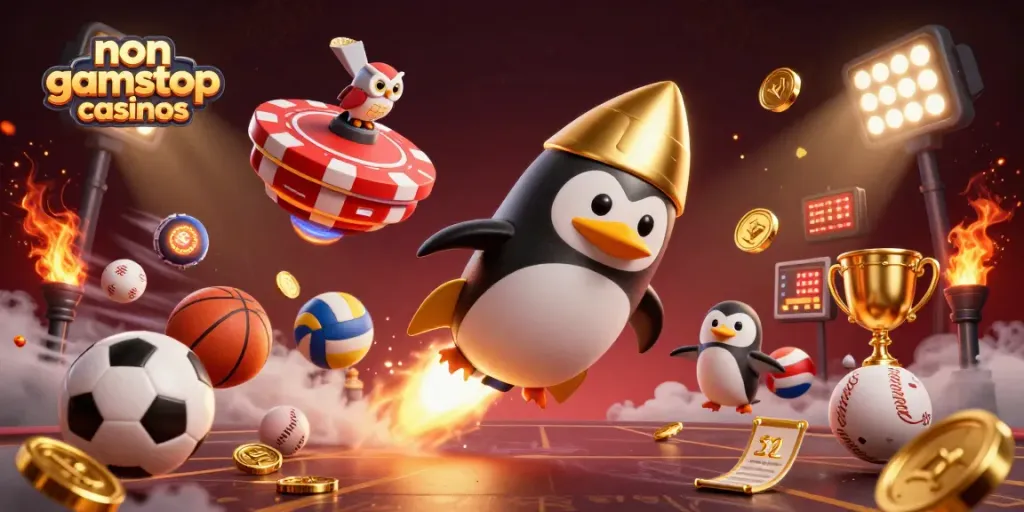 Experience non gamstop casinos with a vibrant 3D cartoon scene of a penguin and casino elements.