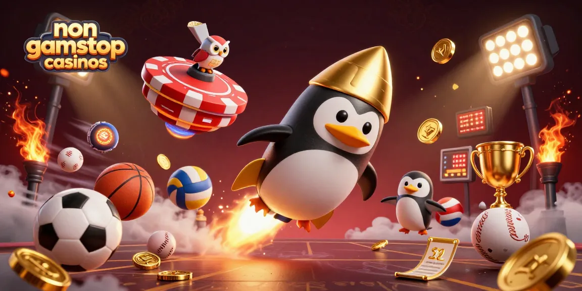 Experience non gamstop casinos with a vibrant 3D cartoon scene of a penguin and casino elements.