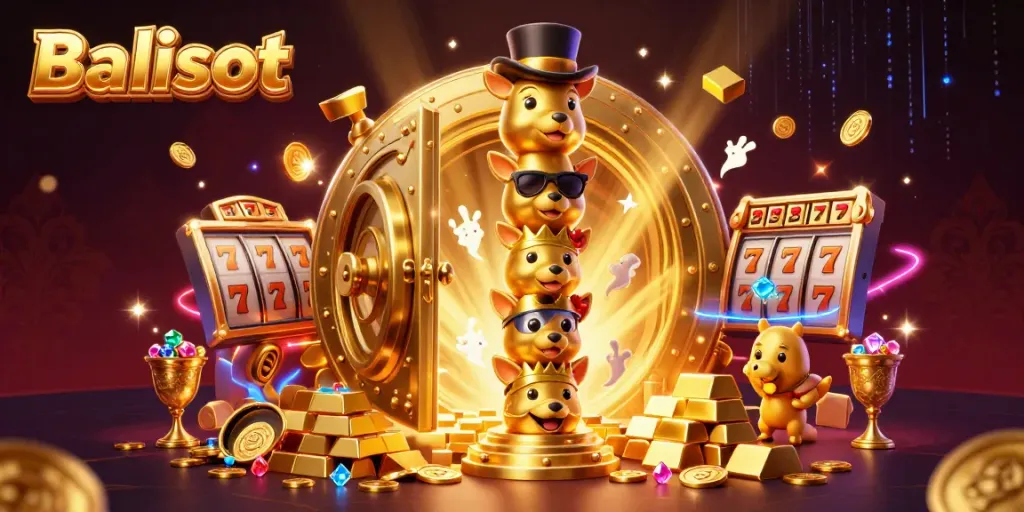 Engaging golden totem pole and casino elements depict Balislot joyfully celebrating winning moments.
