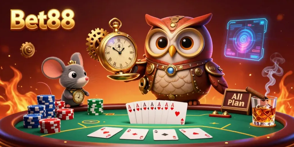 Experience the thrill of Bet88 with a lively scene featuring steampunk gaming elements and poker action.