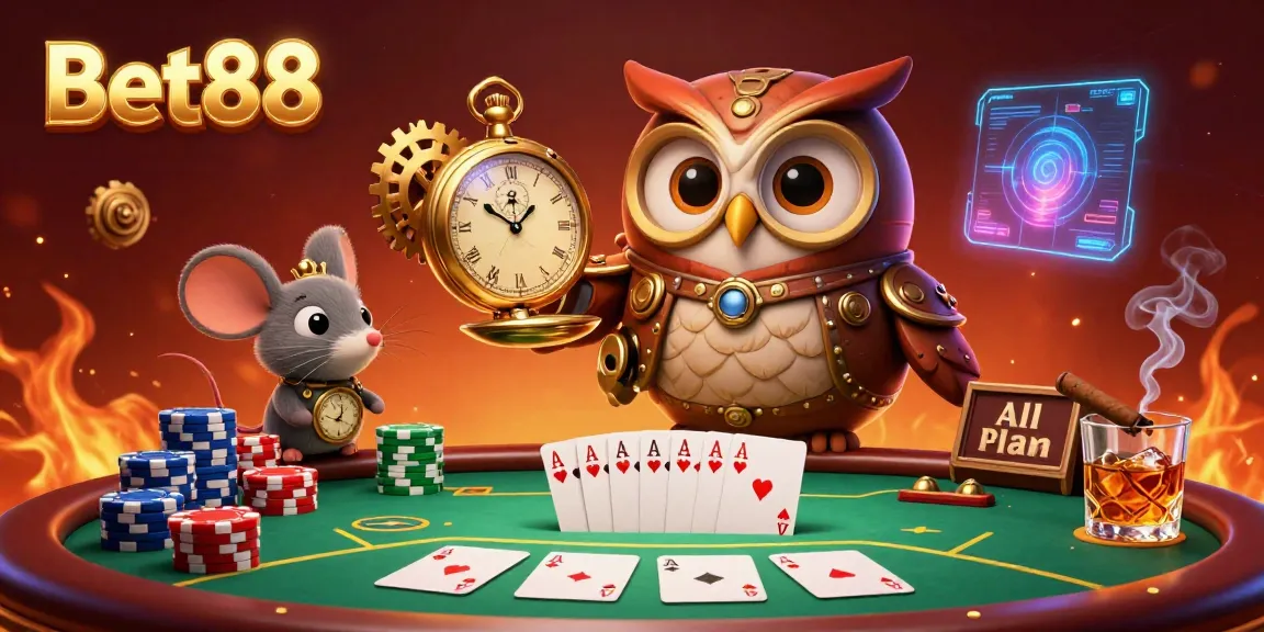 Experience the thrill of Bet88 with a lively scene featuring steampunk gaming elements and poker action.