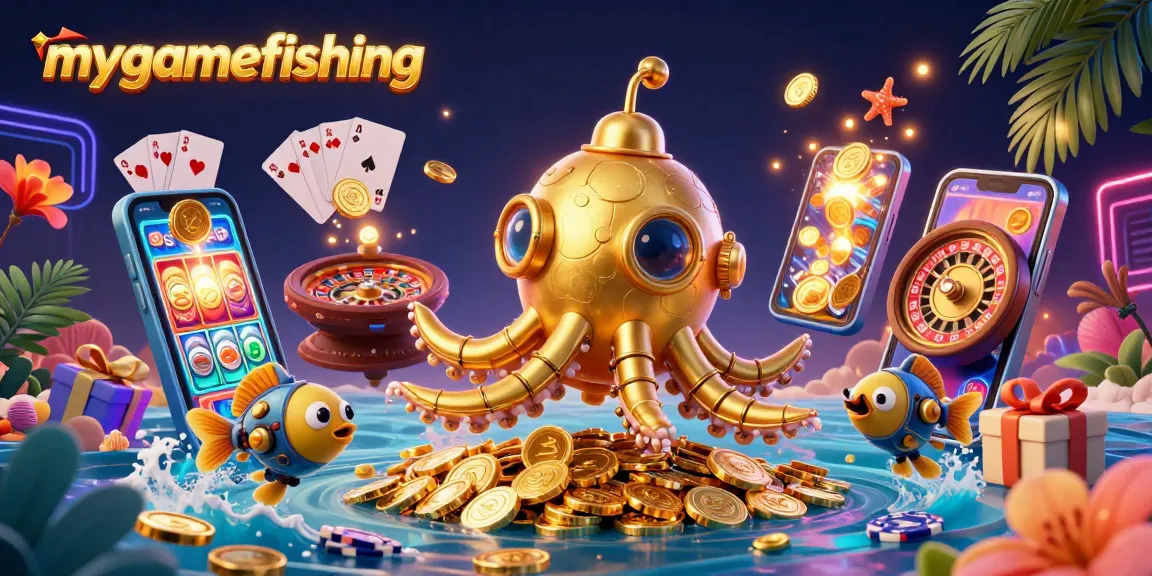 Experience mygamefishing excitement with a golden kraken submarine triumphantly surfacing through a wealth of coins.