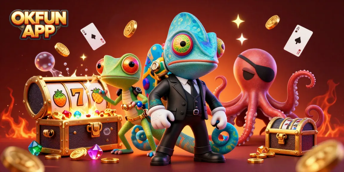Experience thrilling fun at OKFUN APP with cartoon characters amid dazzling casino elements.