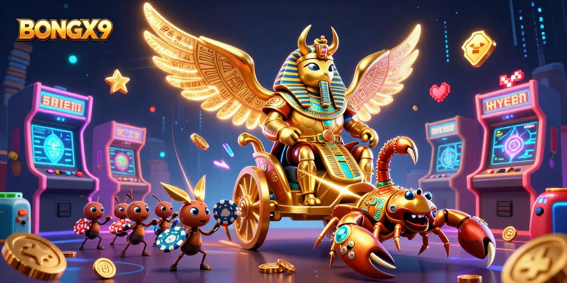 Engage with BONGX9's vibrant 3D casino illustration featuring a colossal golden scarab and scorpions.