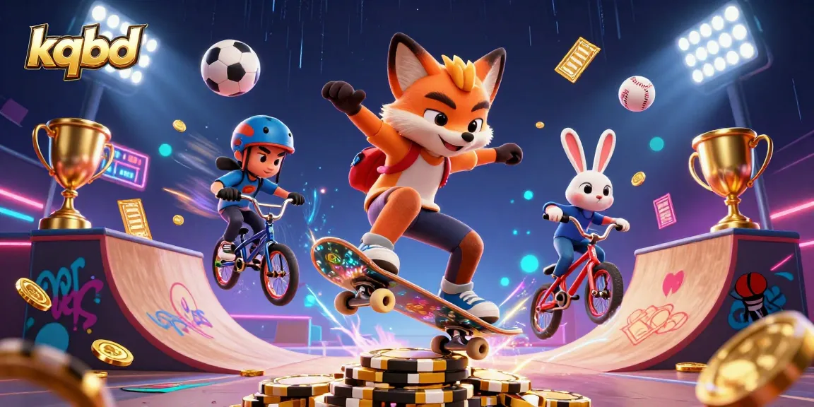 KQBD showcases an energetic sports scene with a fox skateboarder and rabbit BMX rider amid casino symbols, highlighting betting excitement.