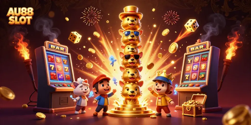 Experience thrilling AU88 SLOT gameplay with vibrant 3D characters and dynamic casino elements in an exciting scene.
