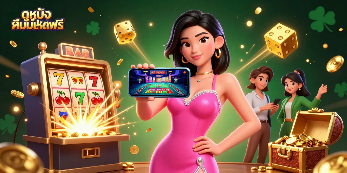 Spin and win with ดูหนังออนไลน์ฟรี graphic showcasing an Asian woman engaging in live casino gaming.