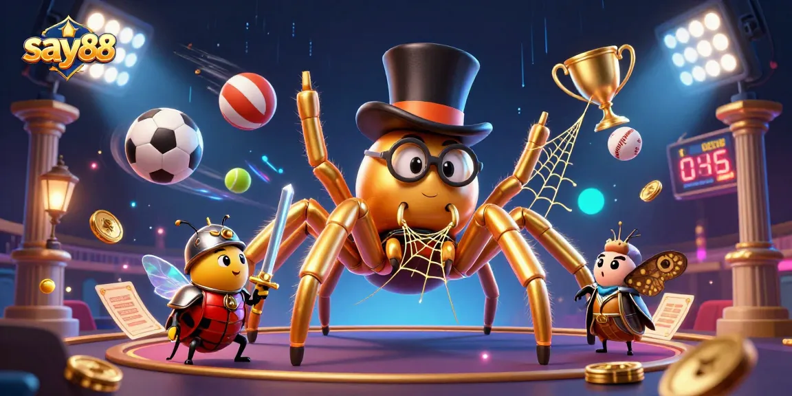 Splay of sports activities at say88 with a golden tarantula spinning winning webs among beetle knights and vibrant games.