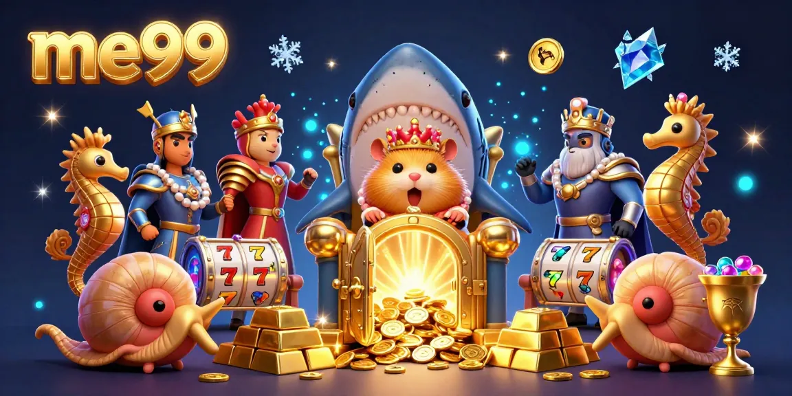Join the action at me99 casino with golden hamster king amidst slot games and treasure!