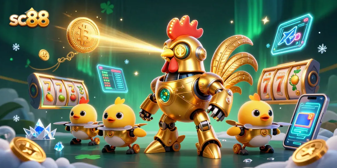 Engage with sc88 using a dynamic scene of a golden rooster robot and crypto elements in a thrilling casino atmosphere.