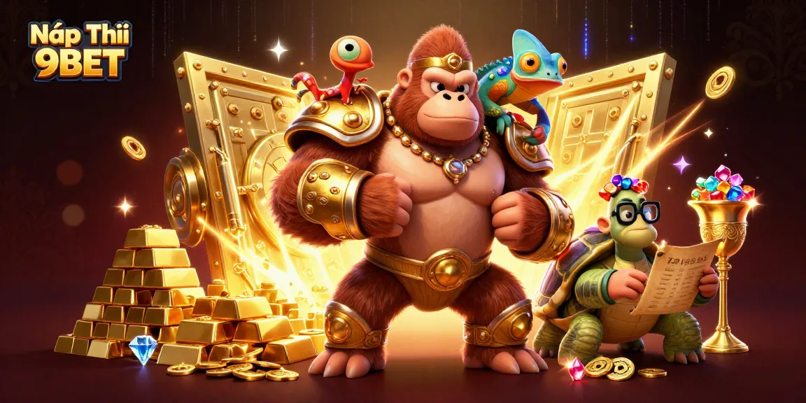 Nạp Tiền 9BET in a vibrant 3D casino scene featuring a gorilla king, chameleon spy, and wise tortoise.