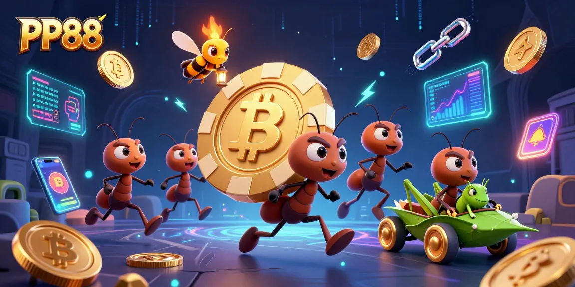 PP88 ants pulling off a heist with a golden poker chip amidst vibrant casino-themed crypto elements.