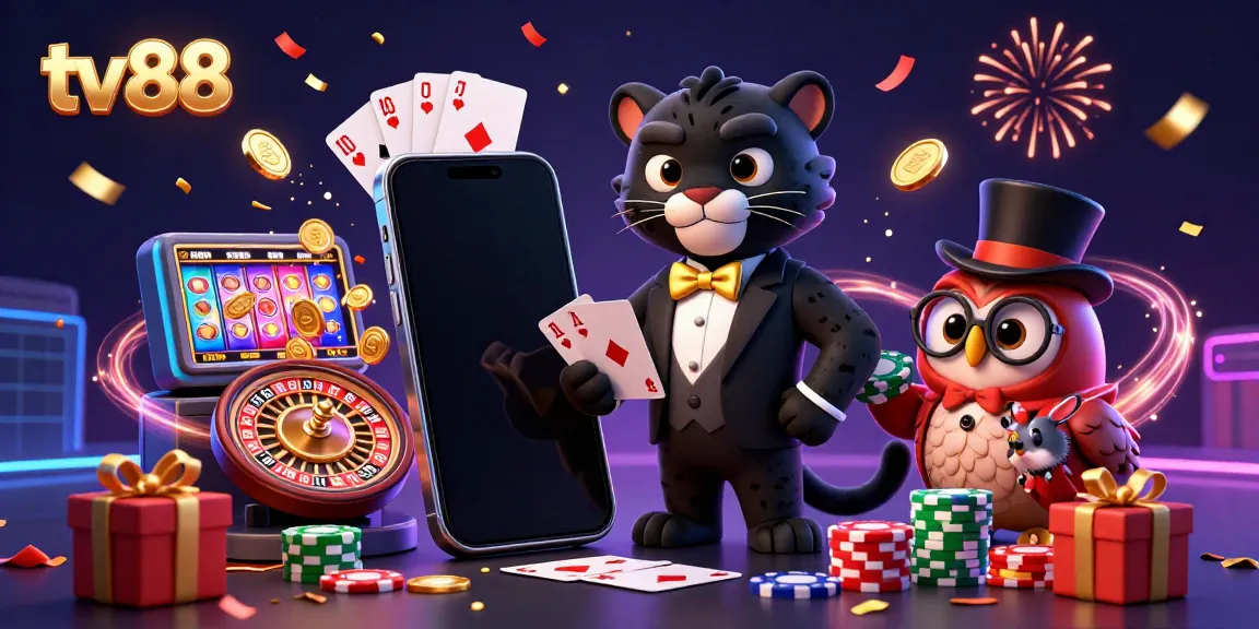 Experience the excitement of tv88 with a stylish panther dealer, an owl with poker chips, and a lucky mouse amidst festive casino games.