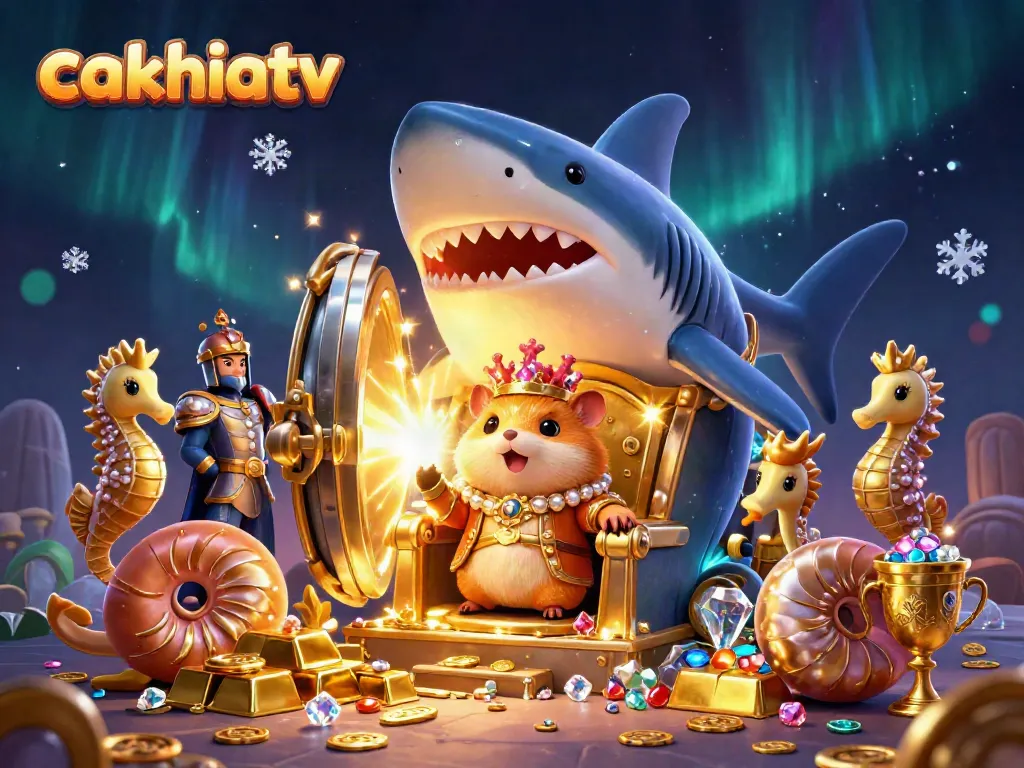 Experience live sports betting excitement with cakhiatv, featuring the golden hamster king amidst treasure and gaming splendor.