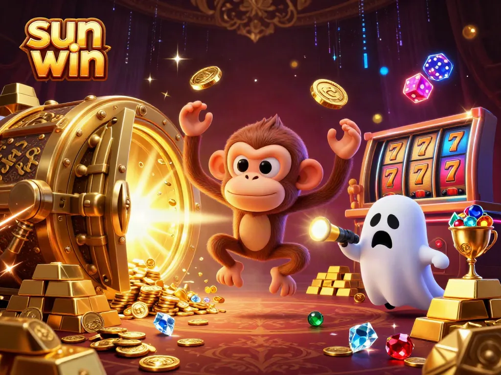 Play exciting games at sun win with vibrant casino elements and characters in a rich 3D illustration.