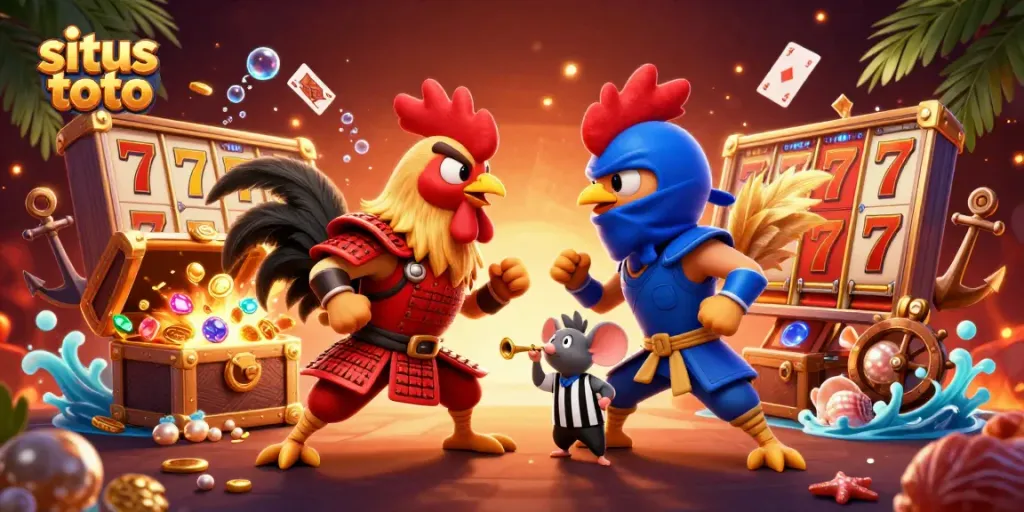 Engage in situs toto action with dynamic cartoon roosters and slot reels amidst treasure elements.