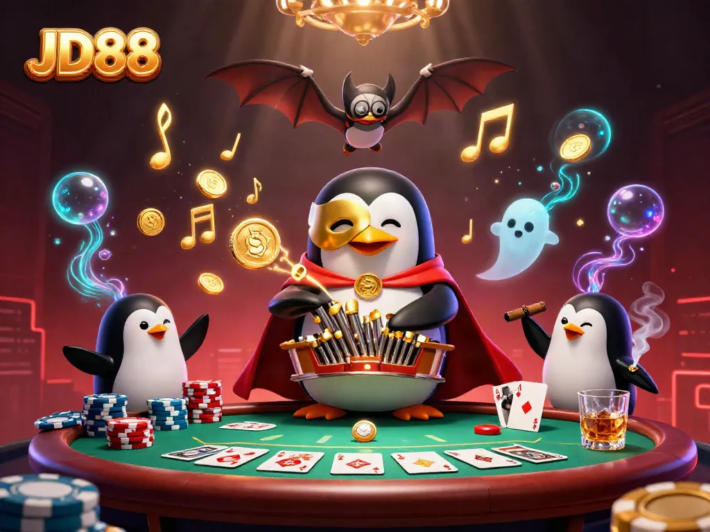 Experience exciting gameplay at JD88 with a vibrant casino scene featuring a penguin on the organ.