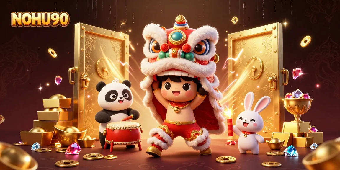 Experience exciting winnings with NOHU90's vibrant casino-themed illustration packed with treasures and festive charm.