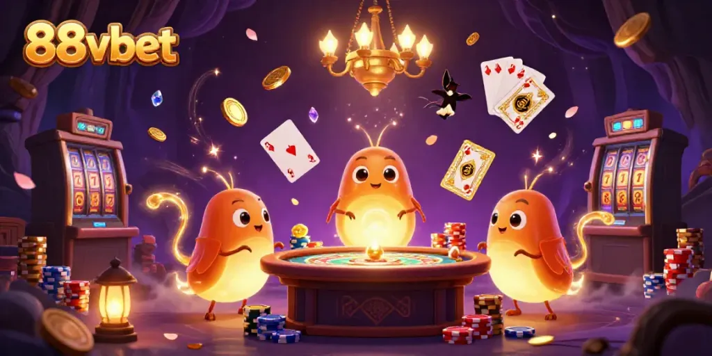 Experience the dazzling 88vbet casino scene with glowing characters and dynamic game elements.