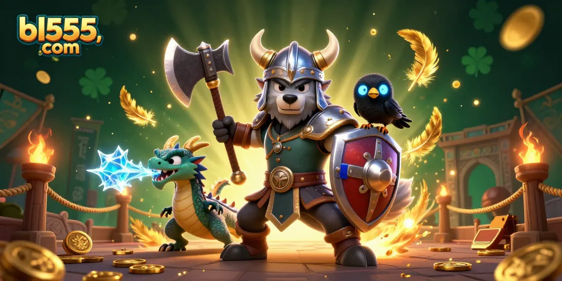 Engage in thrilling gameplay at bl555,com with a 3D Viking warrior, dragon, and iconic casino elements.