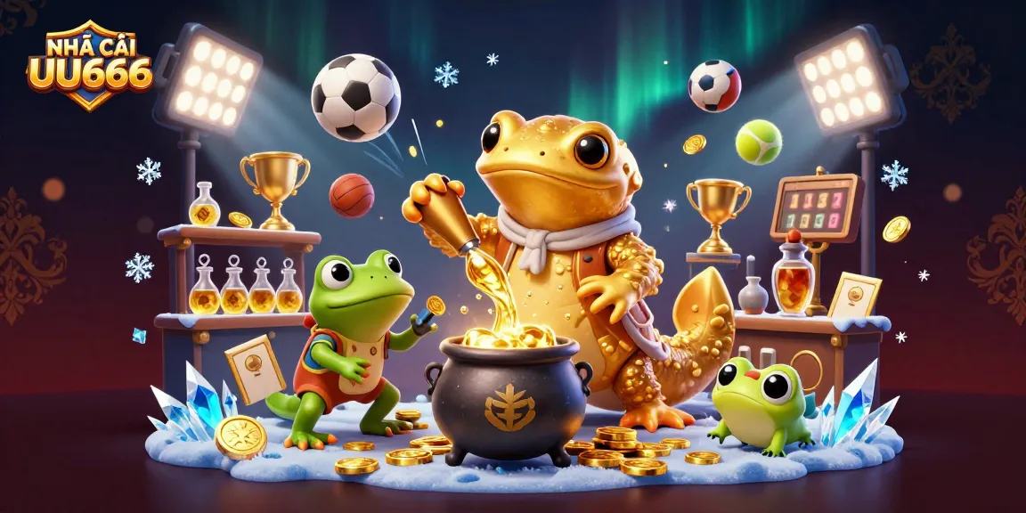 Experience the excitement with NHÀ CÁI UU666, showcasing animated gold coin transmutation and vibrant sports betting elements.