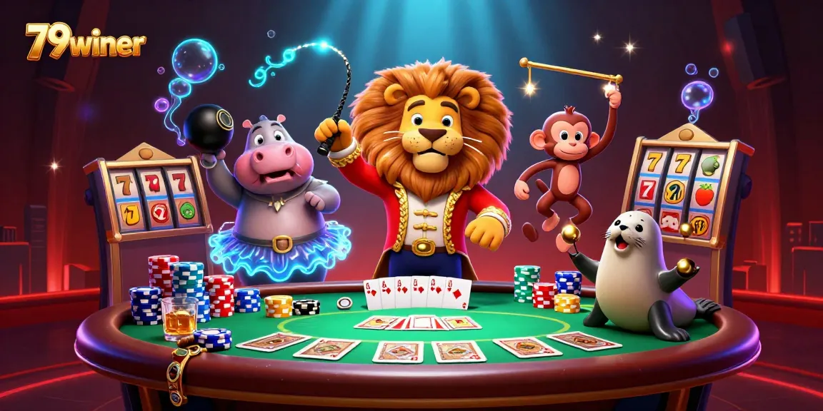 79winer showcase vibrant casino scene with characters enjoying poker and slot gaming.