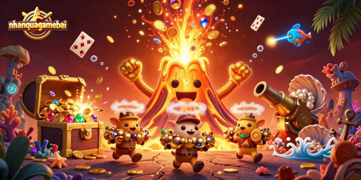 Experience thrilling gameplay at nhanquagamebai with vibrant treasures, volcano erupting coins, and adventurous characters.